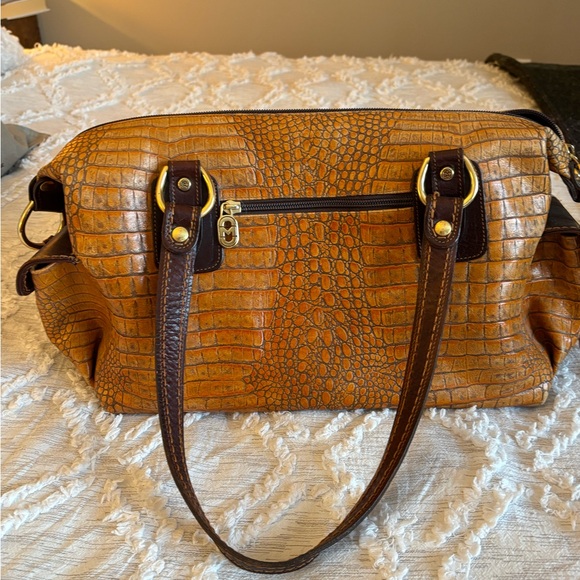 Handbags - Tan and Brown Crocodile Embossed Leather Satchel